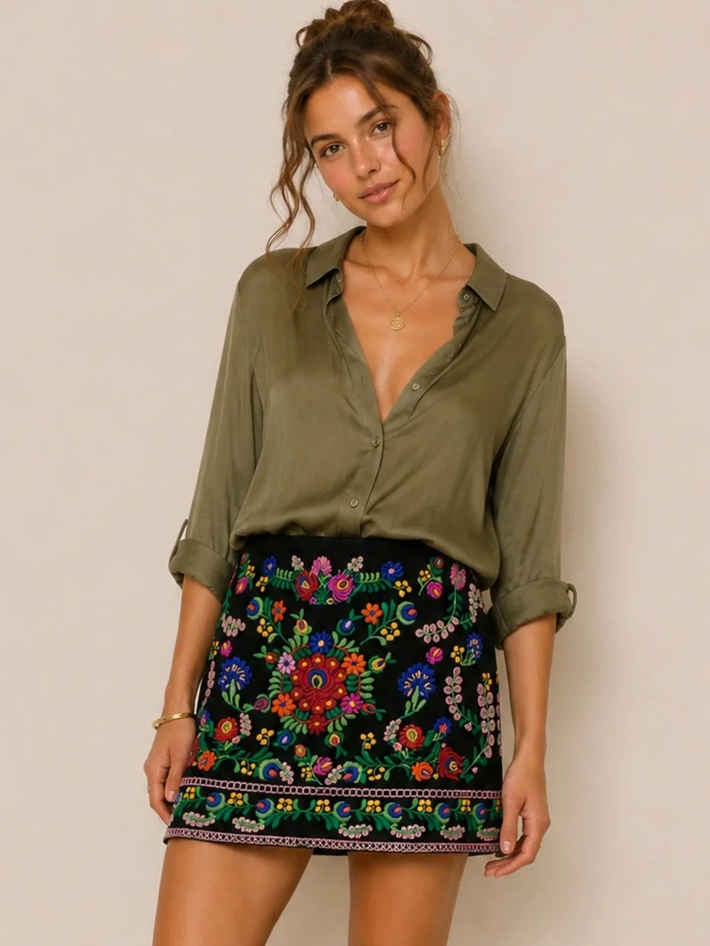 Zara Black Mini Skirt with Multicolor Floral Embroidery